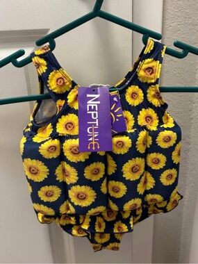 Neptune Built-In Float Sunflower Print Girls One-Piece Swimsuit - Navy & Yellow